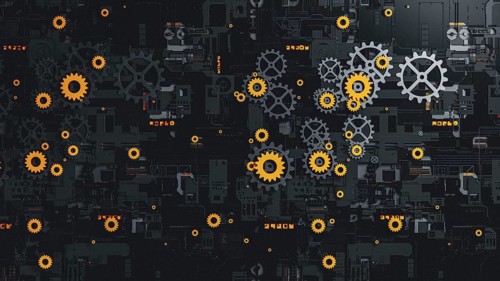 This abstract 3D background features a complex arrangement of gears in black and orange. The