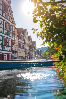 Town fountain with half-timbered houses in the morning, Calw, Black Forest, Germany