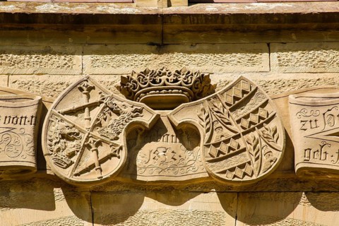 Coat of arms, stone plaques, relief, crown, Varbüler Castle, Hemmingen Castle, former seat of the