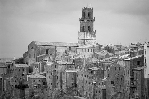 Pitigliano, ancient Etruscan town built on tuff stone, mentioned in 1061, black and white, Tuscany,