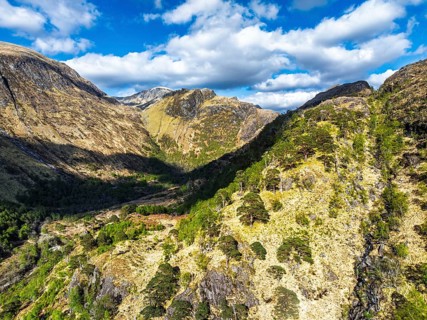 Glen Nevis Valley and River Navis from a drone, Fort William, Lochaber, Highland, Scotland, United