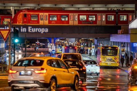 Central station in the city centre of Essen, dense traffic, local train, bus station, local buses,