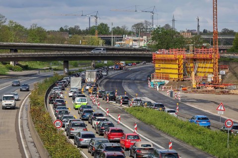 Duisburg, North Rhine-Westphalia, Germany, traffic jam on the A40 motorway at the Kaiserberg
