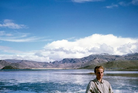 British tourist at Lake Titicaca, Puno, Peru, South America, 1962