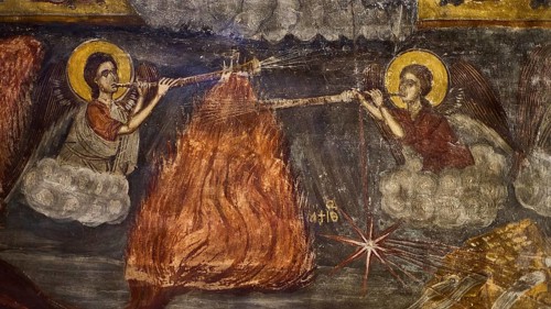 Angels blowing trumpets, clouds flanking fire in apocalyptic fresco, Easter 2025, Church of the