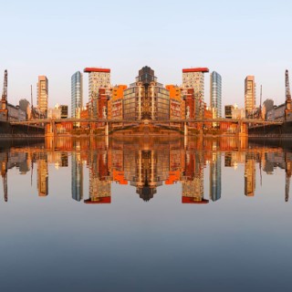 Medienhafen im Sonnenaufgang, Fotomontage, Düsseldorf, NRW, Deutschland