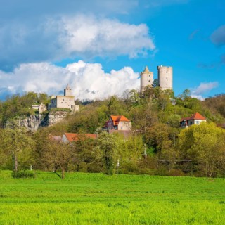 The ruins of Rudelsburg and Saaleck in spring, Saaletal near Bad Kösen, Naumburg, Saxony-Anhalt,