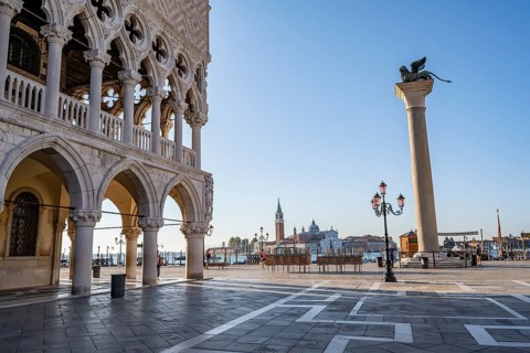 Doge's Palace at the Piazetta San Marco and Colonna di San Marco, in the morning light, Church of