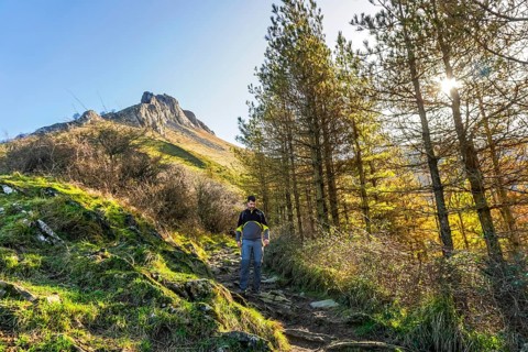 Male hiker walking through trees and vegetation on a mountain trail with txindoki mountain peak in