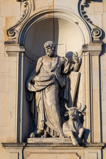 Depiction of St Luke the Evangelist with the bull at the Hofkirche, Dresden, Saxony, Germany