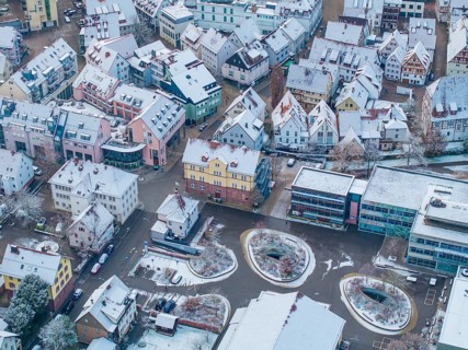 Bird's eye view of a snow-covered small town with interesting architecture, Nagold, Black Forest,