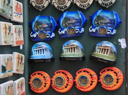 Souvenir sale at the archaeological site of Paestum, Campania, Italy