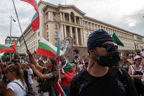 Sofia, Bulgaria. September 2nd 2020 Bulgarian anti-government protestors gather in front of police