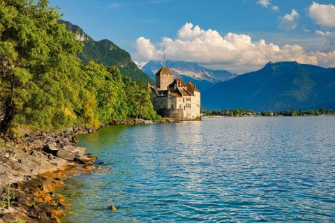Chillon Castle on Geneva near Veytaux, Canton of Vaud, . switzerland