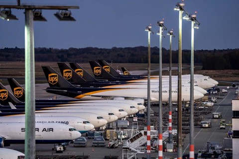 Cologne-Bonn airport, CGN, air freight center, UPS Logisic Hub, UPS cargo aircraft on the apron,