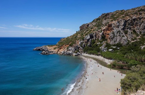 Preveli Beach at the end of the Kourtaliatiko Gorge, south coast, Crete, Greece