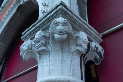 Chapter design on the pillars of the fish market, Rialto market in the San Polo district, Venice,
