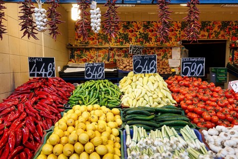 Different types of vegetables at a market stall, Great Market Hall, Budapest, Hungary