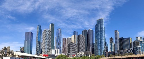 Australia scenic Melbourne downtown skyline panorama and financial business center.