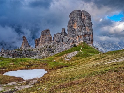 Cinque Torri, clouds and fog, Dolomites, Belluno, Veneto, Veneto, Italy