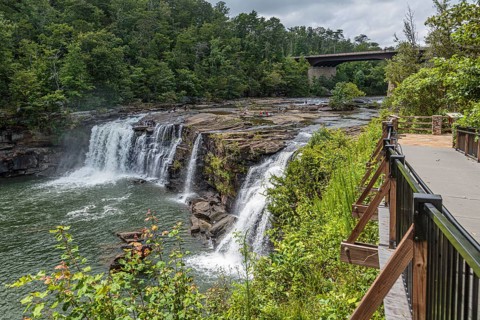 People playing on the rocks above the Little River Falls in Little River Canyon Falls Park near Ft.