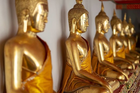 Gilded Buddha statues (Bhumispara-mudra: Buddha Gautama at the moment of enlightenment), Wat Pho,