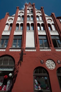 Historic façade of the market pharmacy from 1621, Wismar, Mecklenburg-Vorpommern, Germany
