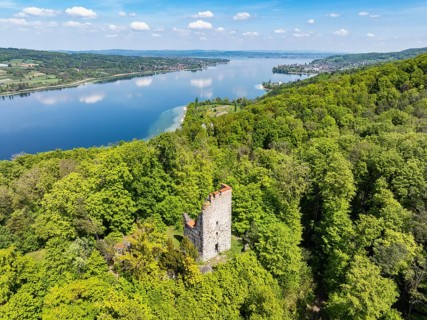 Aerial view of the Neuburg ruins, historical sight above Lake Constance, Untersee, Lake Rhine,
