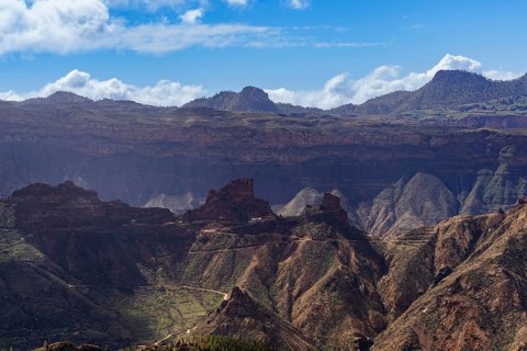 Expansive view showcasing the rugged terrain and serene beauty of Roque Bentayga in Artenara, Gran