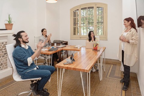 A group of diverse professionals applauding a successful presentation in a bright office