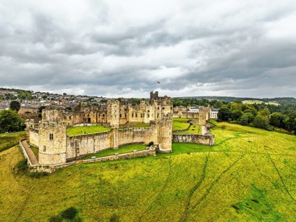 Alnwick Castle from a drone, Alnwick, Northumberland, England, United Kingdom