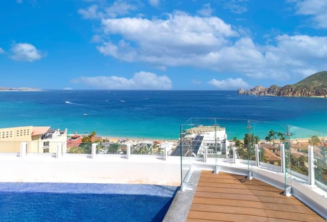 Mexico, Scenic panoramic aerial view of Los Cabos tourist destination Arch of Cabo San Lucas, El