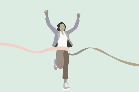 Woman crossing finish line victorious. Achievement, success concept