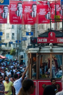 Istanbul, Turkey. June 7th 2019 Historical Taksim to Tunel Tram in a crowded Istiklal Street