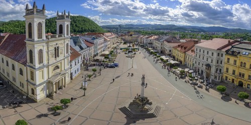 View of the Cathedral of St. Francis Xavier and the main square from the clock tower, Banská