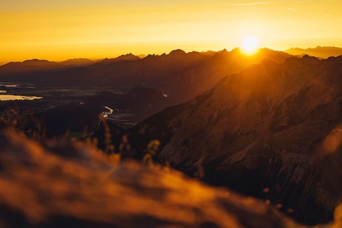 View from the Aggenstein and the foothills of the Alps in Ostallgäu and the Ammergebirge at