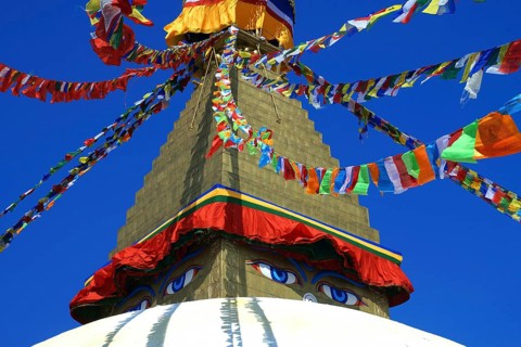 Nepal. landlocked country in the Himalayas, Kathmandu, Bodnath, Boudnath, stupa, colorful flags,