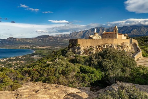 The Notre Dame de la Serra pilgrimage chapel in Calvi, Balagne, Corsica, France