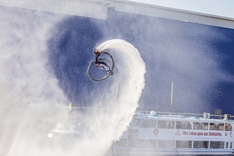 Harbour festival in Stuttgart. Spectacular jet ski and flyboard show on the Neckar. Stuttgart,
