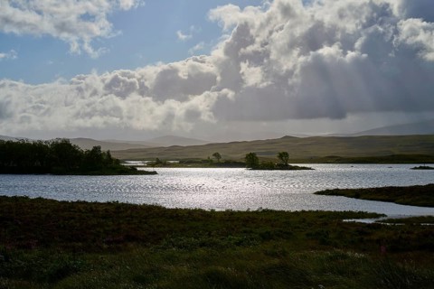 Wide, calming landscape with a bright sky over a lake, Rannoch Moor, Bridge of Orchy, Scotland,