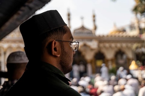 Muslim devotees offer prayers on the first Friday of the holy month of Ramadan at a mosque, in