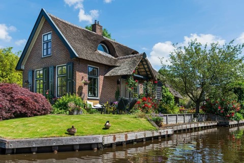Thatched roof house, house, farmhouse, village, rural, flowers, well-kept, blue sky, architecture,