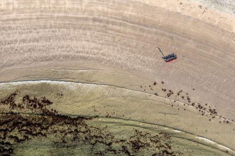 Aerial view of a kayak at beach Ersfjordstranden, fjord Ersfjord, northern Norway, Norway
