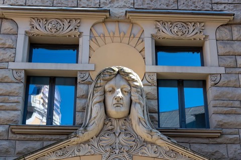 Facade of an Art Nouveau building in the historic city centre, Riga, Latvia