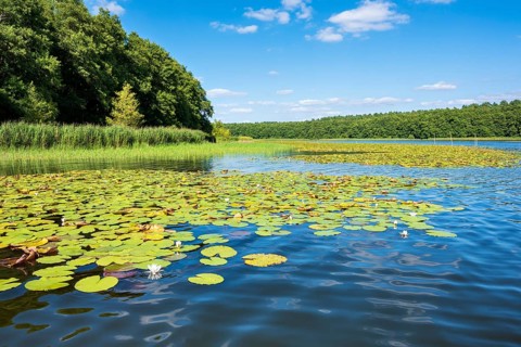 Water lilies bloom in the water lily paradise at Granzower Möschen, Mirow, Mecklenburg Lake