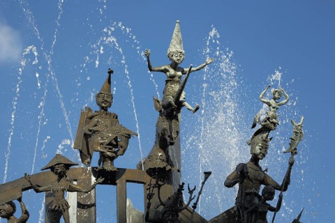 Detail at Shrove Tuesday Fountain by Blasius Spreng 1967, modern art, figures, fools, carnival,