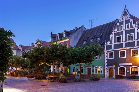 Historic buildings in the evening light on the Kleinmarkt in Meissen, Saxony, Germany