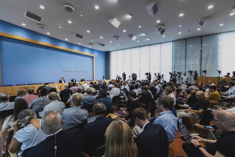 Olaf Scholz (SPD), Federal Chancellor, recorded at a federal press conference on current domestic