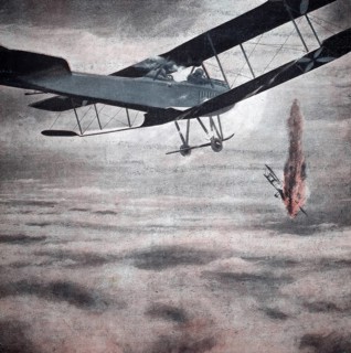 World War 1, a German biplane destroys an enemy aircraft (original text from 1915, original