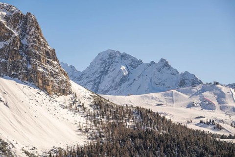 Beautiful landscape of the Mountain silhouettes of the Sexten Dolomites on a sunny winter day,